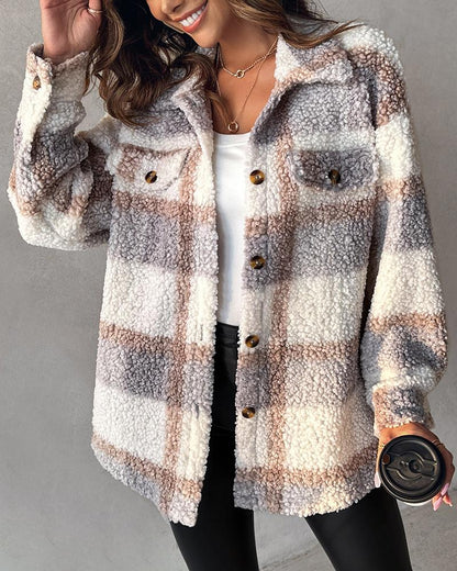 Plaid Print Buttoned Teddy Coat