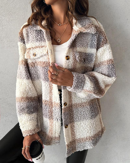 Plaid Print Buttoned Teddy Coat