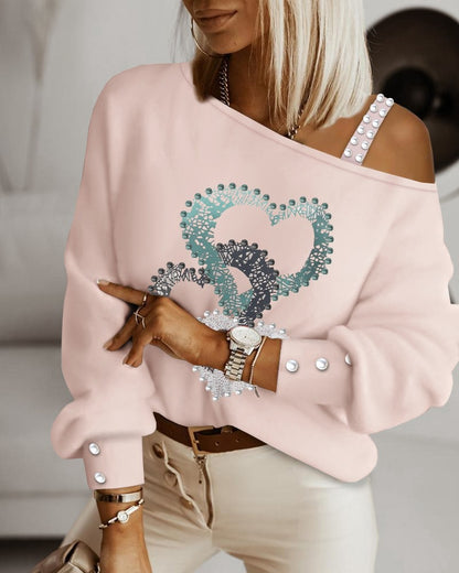 Heart Pattern Beaded Cold Shoulder Top