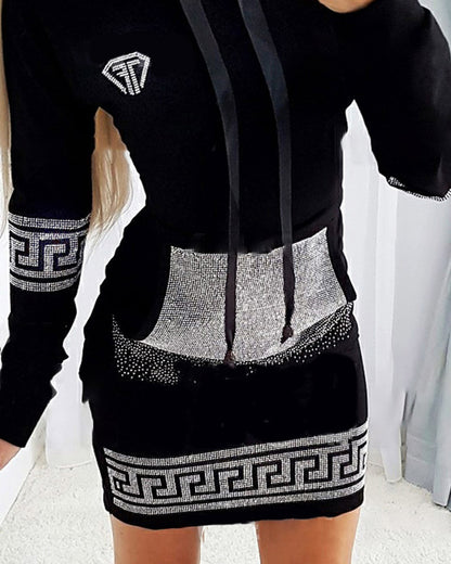 Rhinestone Decor Drawstring Hooded Sweatshirt Dress