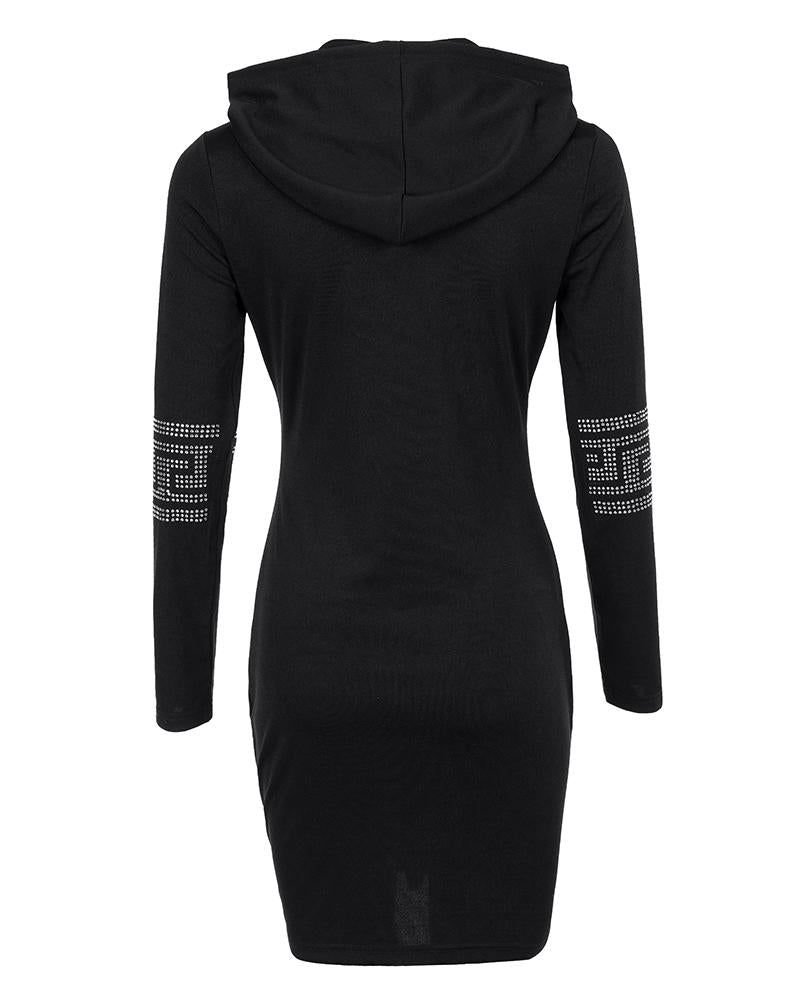 Rhinestone Decor Drawstring Hooded Sweatshirt Dress