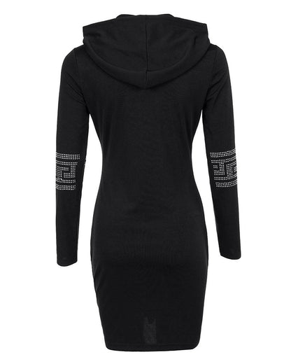 Rhinestone Decor Drawstring Hooded Sweatshirt Dress