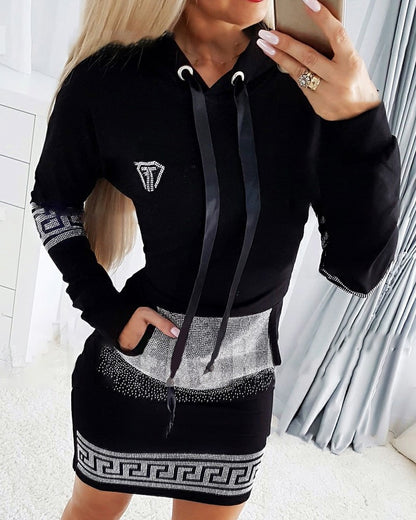 Rhinestone Decor Drawstring Hooded Sweatshirt Dress