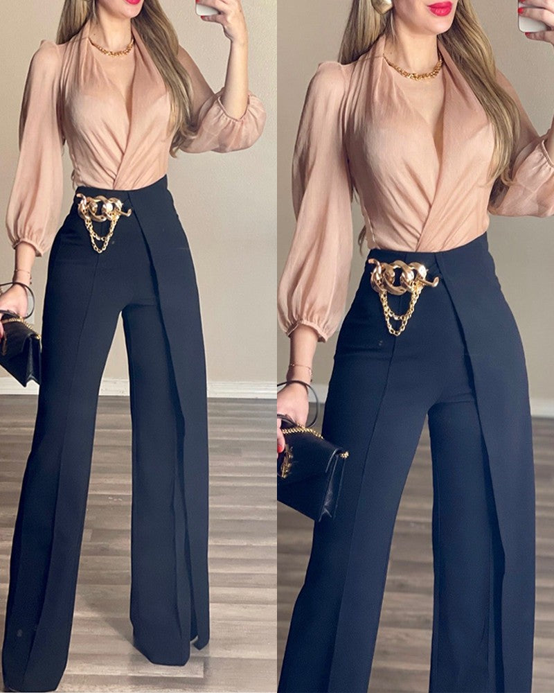 Chain Decor Fake Two Piece Work Pants