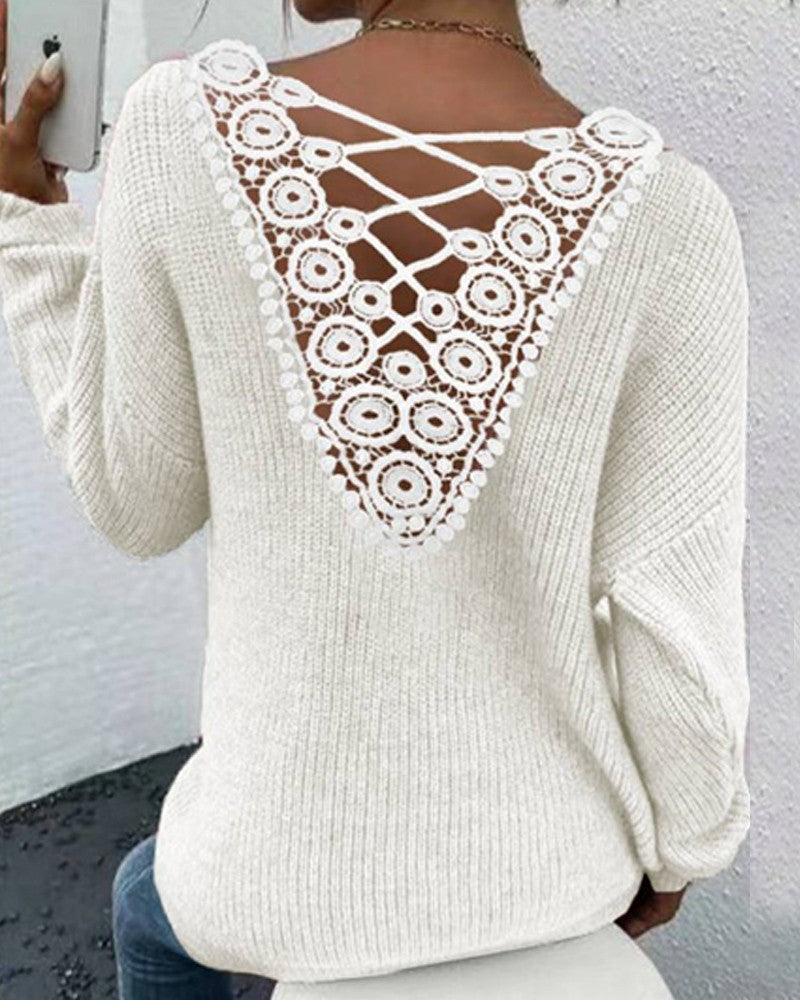 V Neck Contrast Lace Criss Cross Knit Sweater