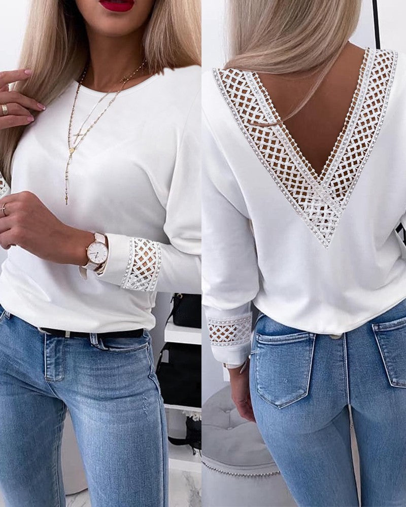 Argyle Pattern Contrast Lace Hollow Out Top