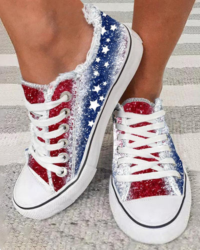 Independence Day Flag Print Raw Hem Canvas Sneakers