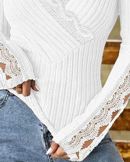 V Neck Lace Patch Long Sleeve Top