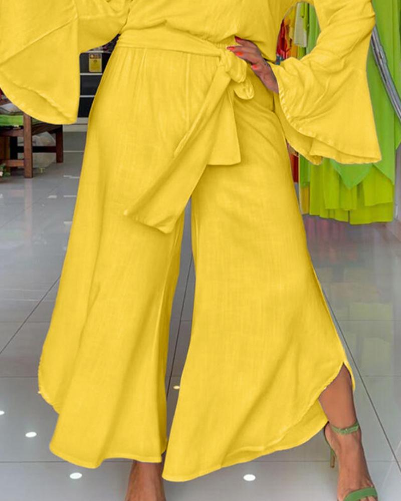 Off Shoulder Bell Sleeve Wide Leg Jumpsuit