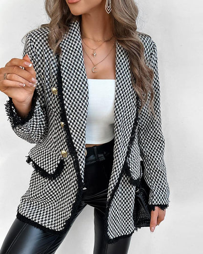 Double Breasted Fringe Hem Tweed Blazer Coat