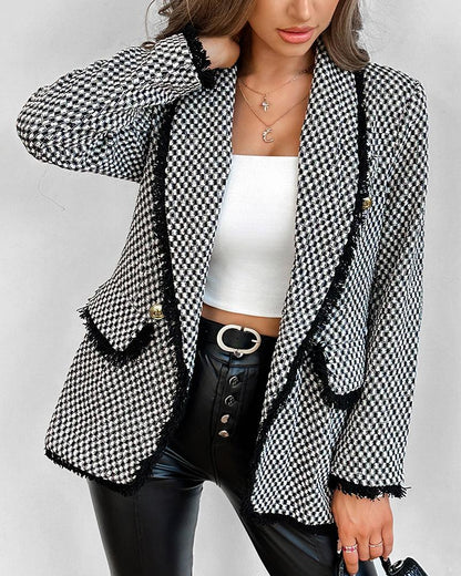 Double Breasted Fringe Hem Tweed Blazer Coat