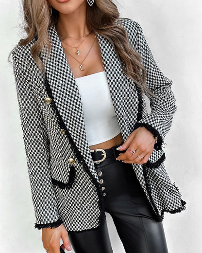 Double Breasted Fringe Hem Tweed Blazer Coat