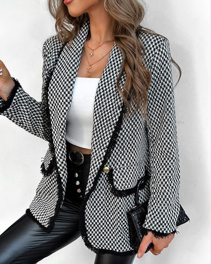 Double Breasted Fringe Hem Tweed Blazer Coat