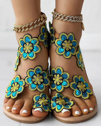 Floral Pattern Toe Ring Beach Sandals