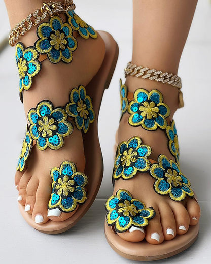 Floral Pattern Toe Ring Beach Sandals