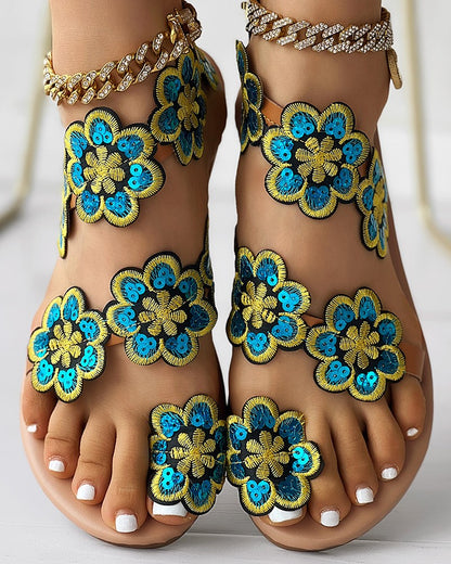 Floral Pattern Toe Ring Beach Sandals