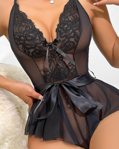 Lace Sheer Mesh Patchwork Crisscross Backless Teddy