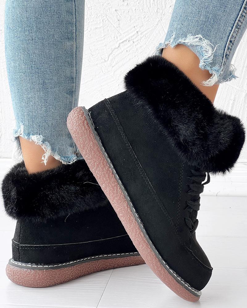 Fuzzy Detail Lined Lace up Snow Boots