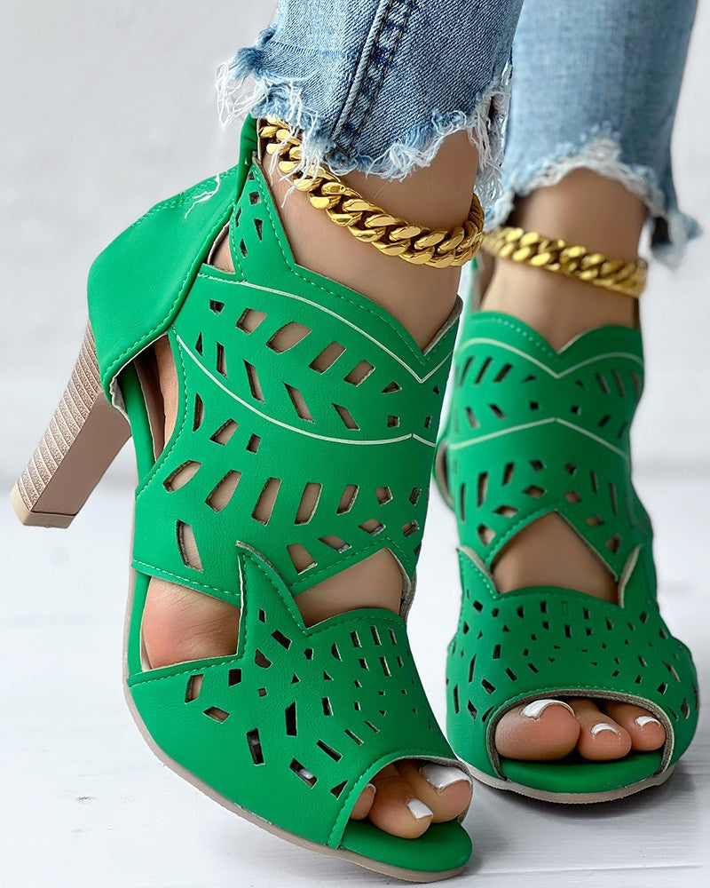 Peep Toe Hollow Out Chunky Heeled Sandals