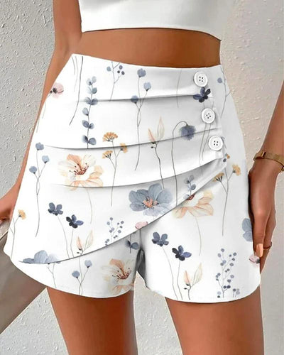 Floral Print Side Button Ruched Shorts