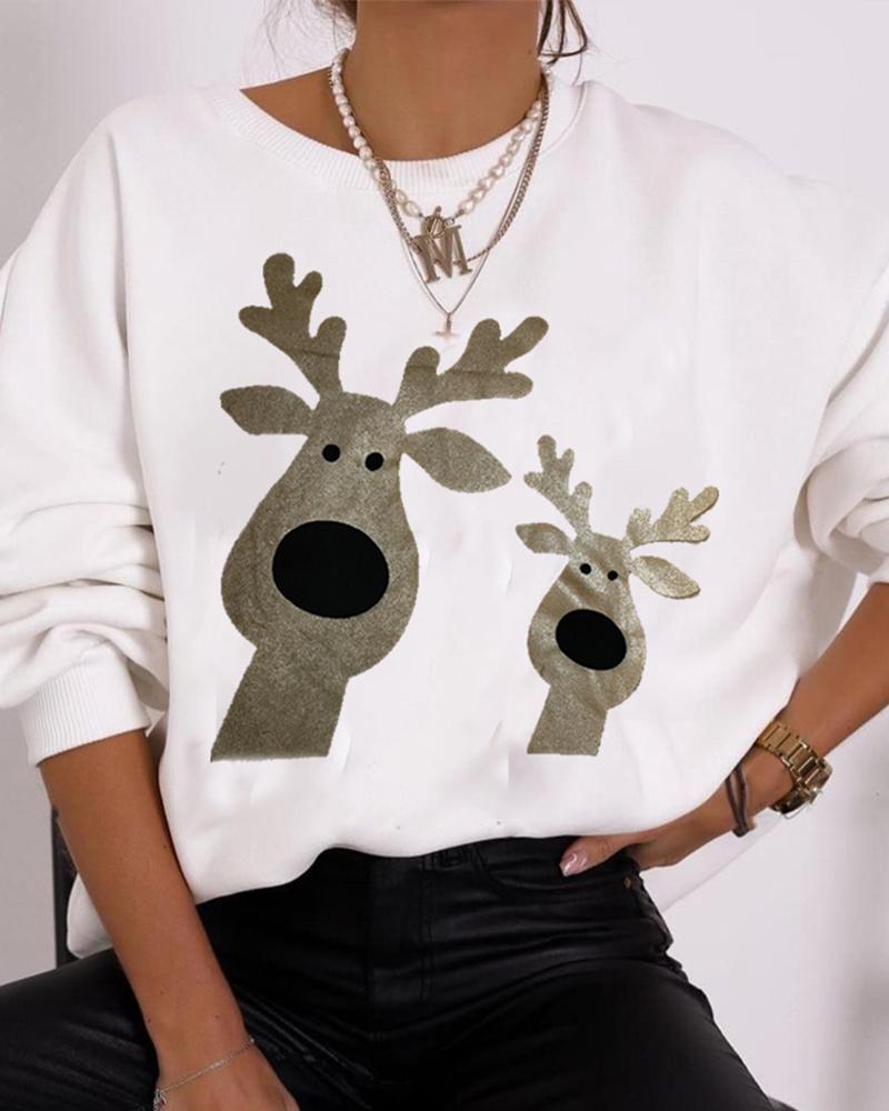 Christmas Cartoon Elk Metallic Long Sleeve Sweatshirt