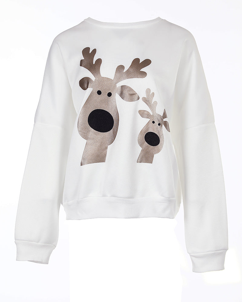 Christmas Cartoon Elk Metallic Long Sleeve Sweatshirt