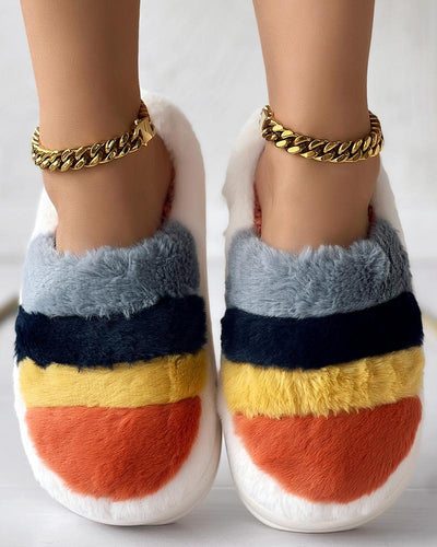 Colorblock Platform Fluffy Winter Thermal Slippers