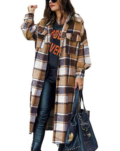 Plaid Print Lantern Sleeve Longline Shacket