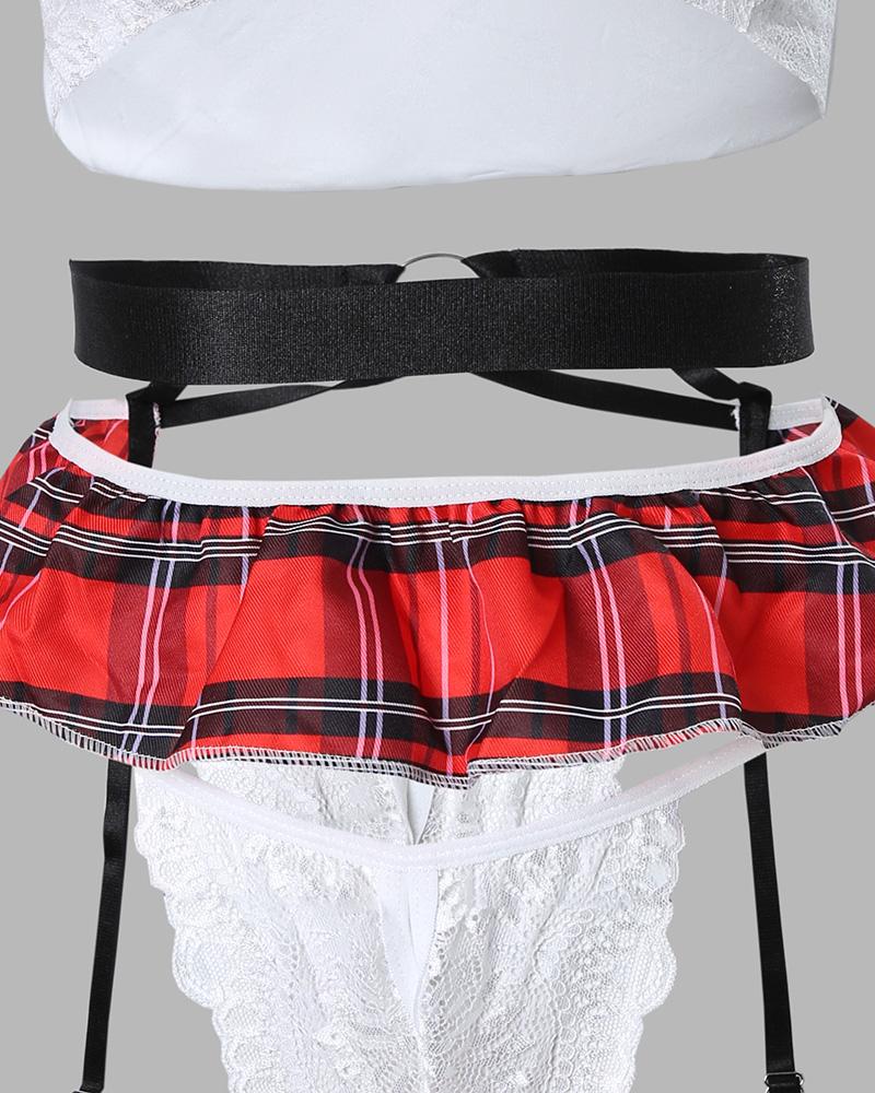 Plaid Print O Ring Lace Garter Lingerie Set