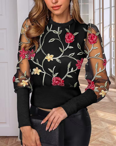 Floral Embroidery Mesh Patch Top