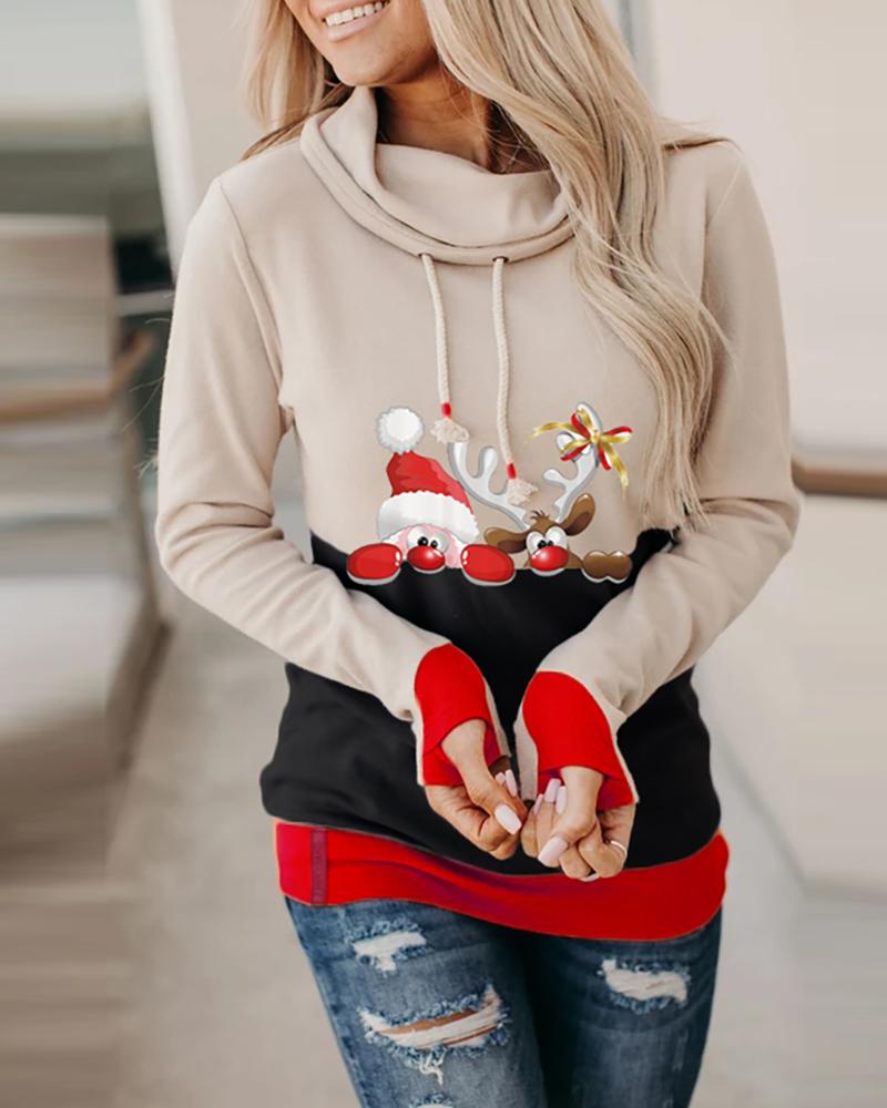 Christmas Moose Print Colorblock Hooded Top