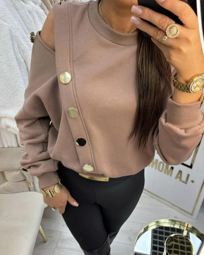 O neck Long Sleeve Buttoned Sweatshirt