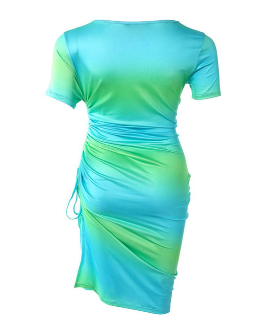 Plus Size Ombre Print Drawstring Ruched High Slit Dress