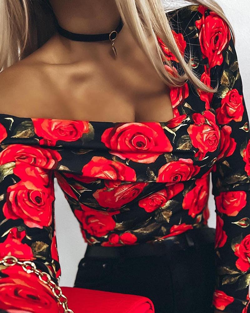 Floral Print Asymmetrical Neck Top