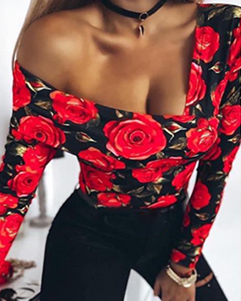 Floral Print Asymmetrical Neck Top