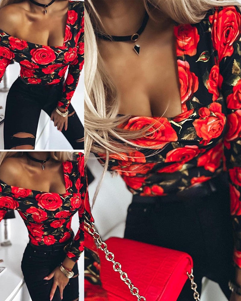 Floral Print Asymmetrical Neck Top