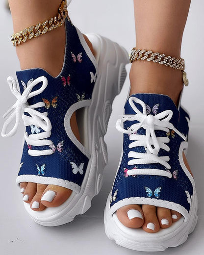 Floral Print Lace up Hollow Out Platform Wedge Sandals