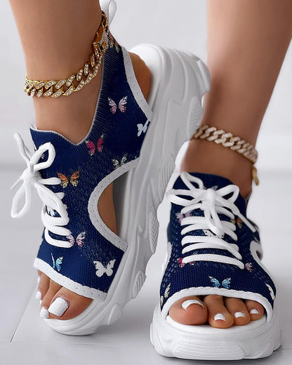 Floral Print Lace up Hollow Out Platform Wedge Sandals