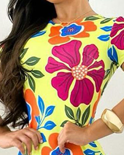 Floral Print Short Sleeve Round Neck Dress