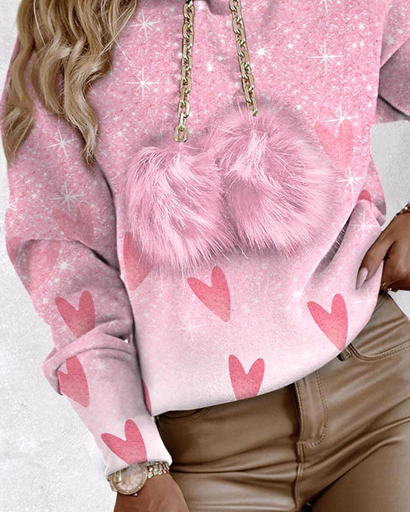 Heart Pattern Pom Pom Hoodie