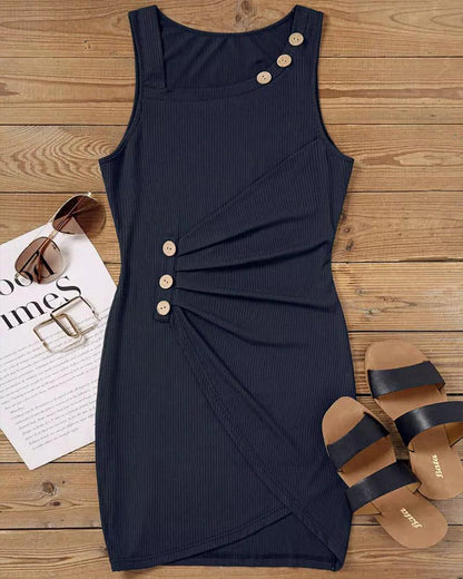 Asymmetrical Neck Sleeveless Buttoned Bodycon Dress