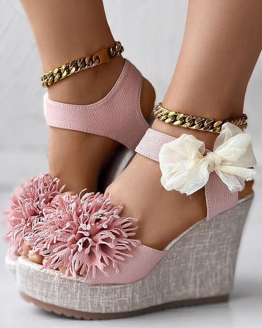 Floral Pattern Bowknot Decor Platform Wedge Sandals