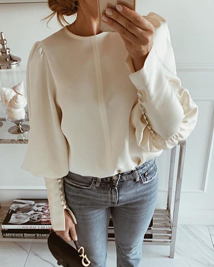 Solid Round Neck Balloon Sleeve Blouse