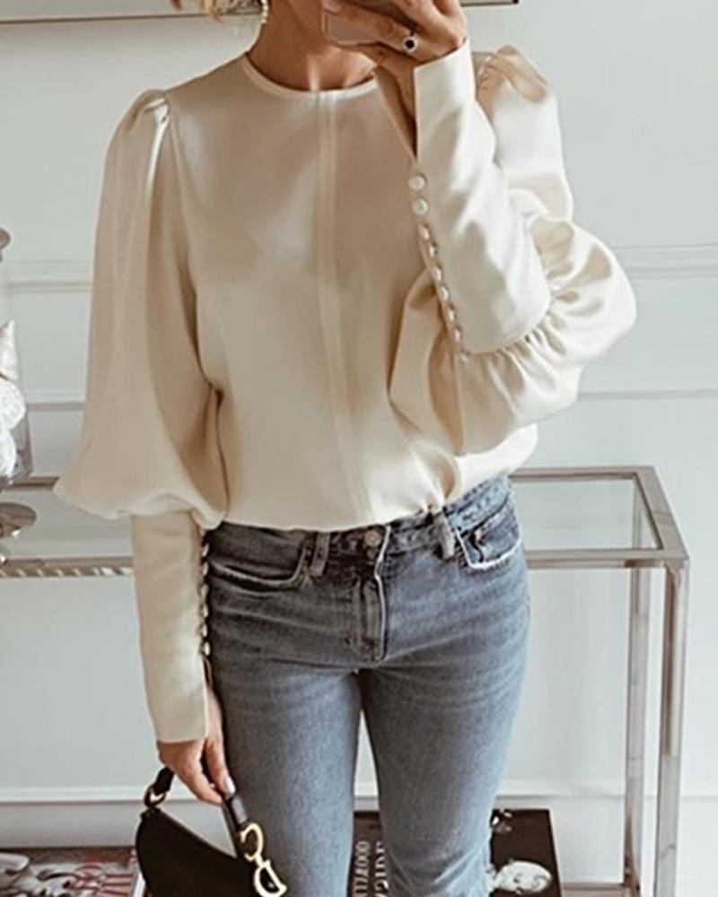 Solid Round Neck Balloon Sleeve Blouse