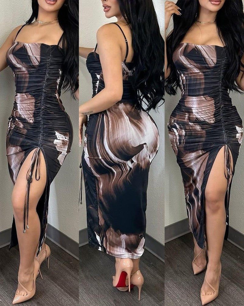 Tie Dye Print Drawstring Slit Midi Dress