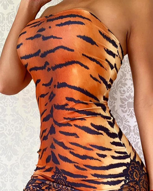 Tiger Lace Print Bandeau Bodycon Dress