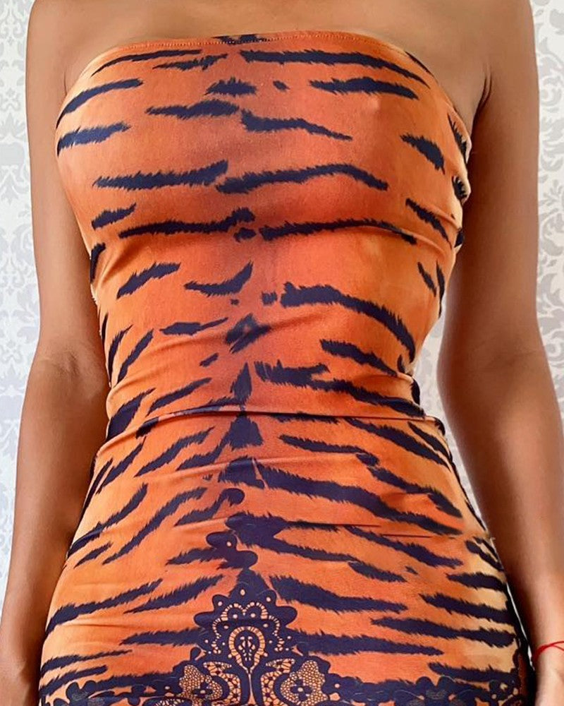 Tiger Lace Print Bandeau Bodycon Dress