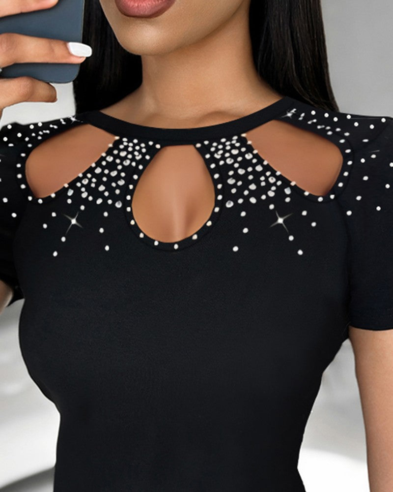 Rhinestone Hollow Out Short Sleeve T Shirt