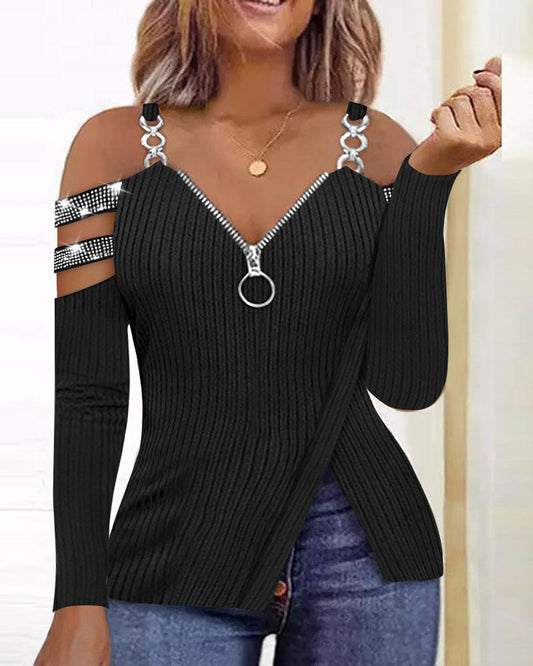 Cold Shoulder Chain Decor Rhinestone Top