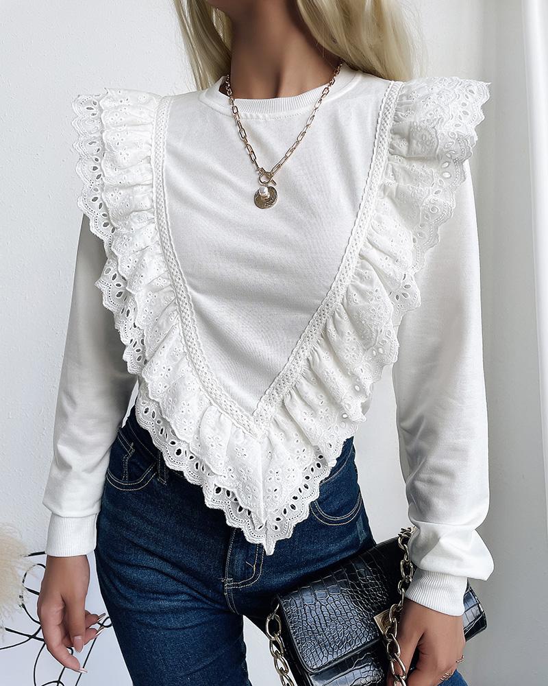 Layered Ruffles Eyelet Embroidery Long Sleeve Top